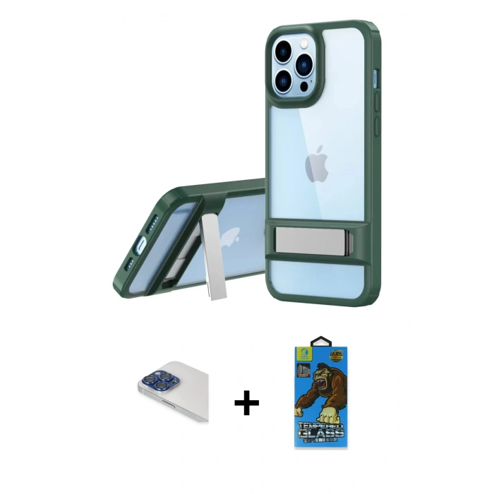 MARSİLYAN™- iPhone 13 Pro Max Kılıf Yadigar Yansıma - Siyah 18D Cam Ekran Koruyucu + Pers Alüminyum Kamera Lens - LT