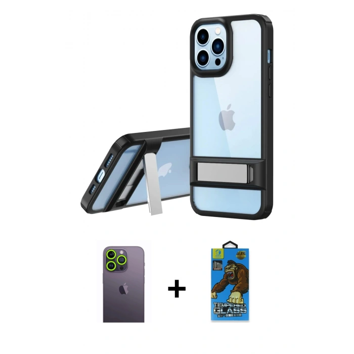 MARSİLYAN™- iPhone 13 Pro Max Kılıf Yadigar Yansıma - Siyah 18D Cam Ekran Koruyucu + Neon Fosforlu Kamera Lens - YL