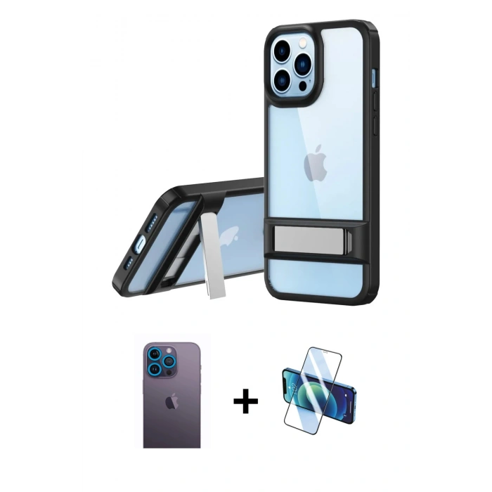 MARSİLYAN™- iPhone 13 Pro Max Kılıf Yadigar Yansıma - Siyah 3D Antistatik Cam Ekran Koruyucu + Neon Fosforlu Kamera Lens - MI