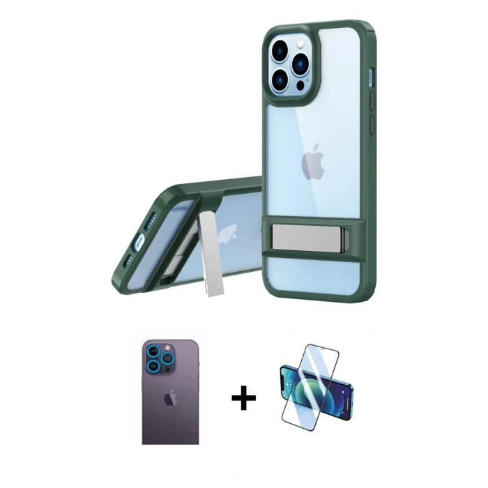 MARSİLYAN™- iPhone 13 Pro Max Kılıf Yadigar Yansıma - Siyah 3D Antistatik Cam Ekran Koruyucu + Neon Fosforlu Kamera Lens - MI