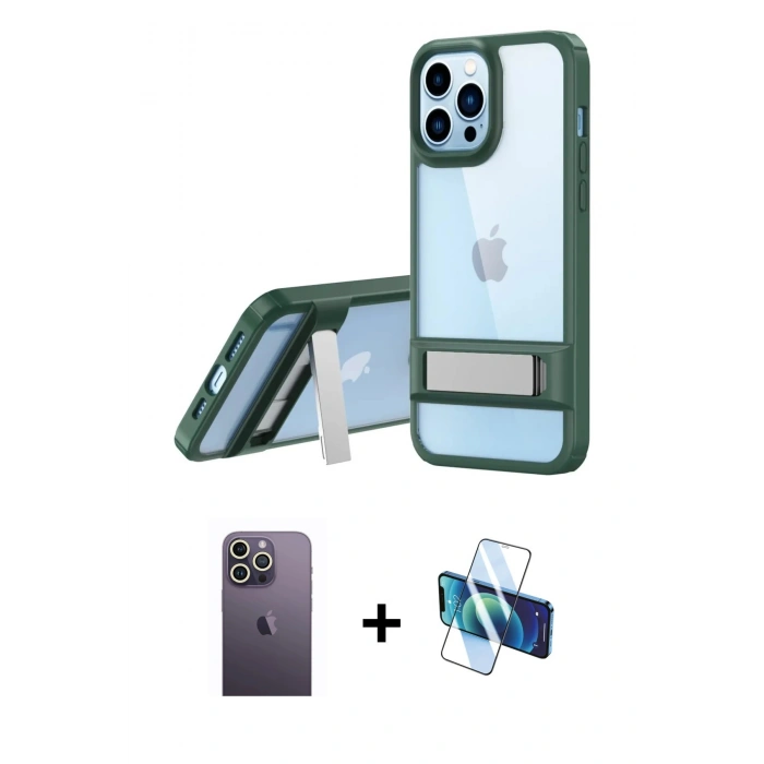 MARSİLYAN™- iPhone 13 Pro Max Kılıf Yadigar Yansıma - Siyah 3D Antistatik Cam Ekran Koruyucu + Neon Fosforlu Kamera Lens - BZ