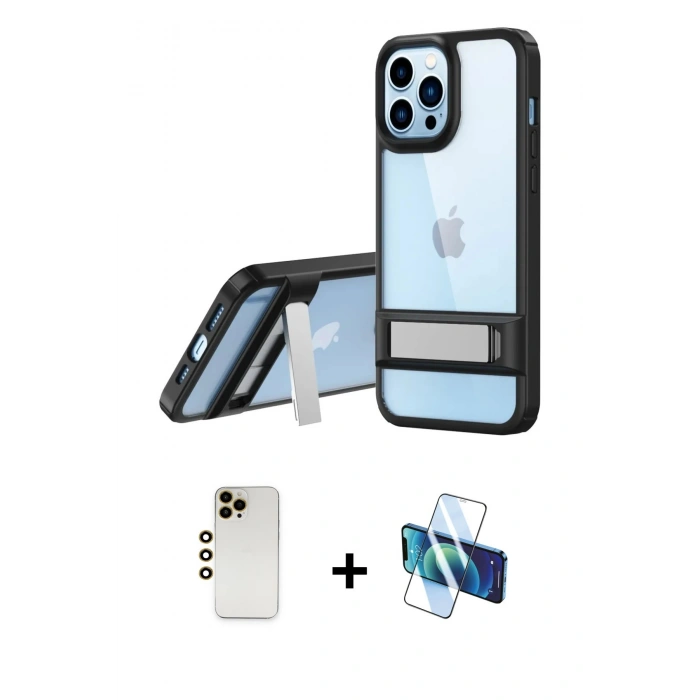 MARSİLYAN™- iPhone 13 Pro Max Kılıf Yadigar Yansıma - Siyah 3D Antistatik Cam Ekran Koruyucu + Shine Kamera Lens - GD