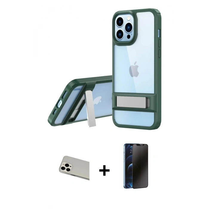 MARSİLYAN™- iPhone 13 Pro Max Kılıf Yadigar Yansıma - Siyah 3D Antistatik Hayalet Cam Ekran Koruyucu + Rainbow Kamera Lens Koruma Cam - BZ