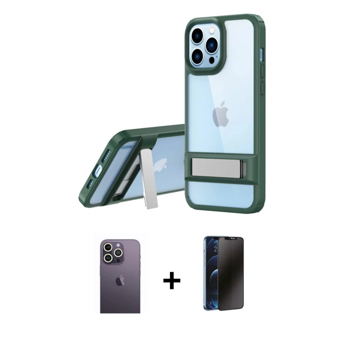 MARSİLYAN™- iPhone 13 Pro Max Kılıf Yadigar Yansıma - Siyah 3D Antistatik Hayalet Cam Ekran Koruyucu + Neon Fosforlu Kamera Lens - BZ