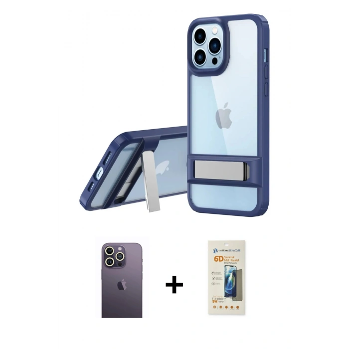MARSİLYAN™- iPhone 13 Pro Max Kılıf Yadigar Yansıma - Siyah 6D Mat Seramik Hayalet Nano Ekran Koruyucu + Neon Fosforlu Kamera Lens - BZ