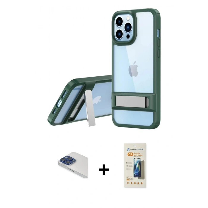MARSİLYAN™- iPhone 13 Pro Max Kılıf Yadigar Yansıma - Siyah 6D Mat Seramik Hayalet Nano Ekran Koruyucu + Pers Alüminyum Kamera Lens - LT