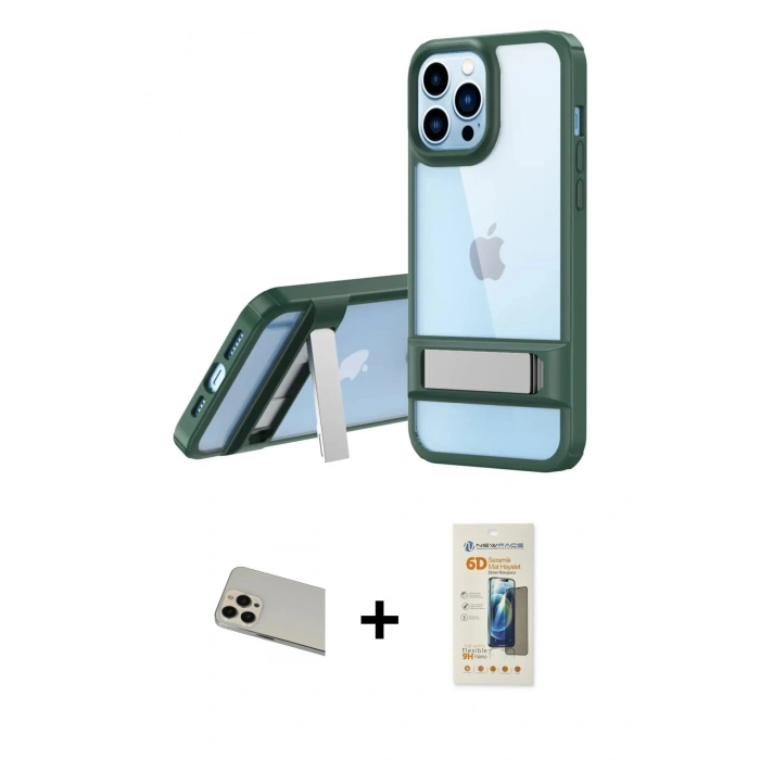 MARSİLYAN™- iPhone 13 Pro Max Kılıf Yadigar Yansıma - Siyah 6D Mat Seramik Hayalet Nano Ekran Koruyucu + Rainbow Kamera Lens Koruma Cam - REGD