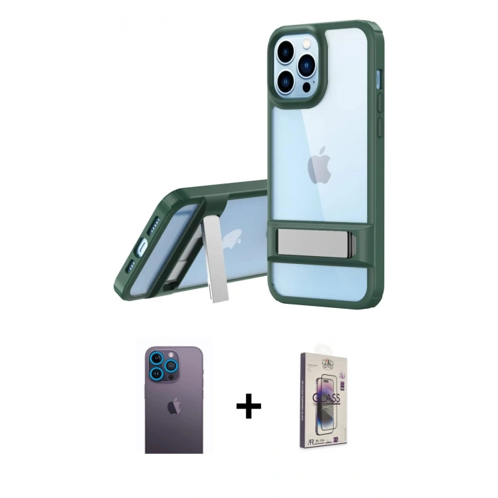 MARSİLYAN™- iPhone 13 Pro Max Kılıf Yadigar Yansıma - Siyah Bilvis 3D Cam Ekran Koruyucu + Neon Fosforlu Kamera Lens - MI