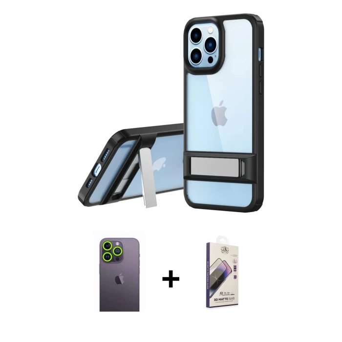 MARSİLYAN™- iPhone 13 Pro Max Kılıf Yadigar Yansıma - Siyah Bilvis 3D Mat Cam Ekran Koruyucu + Neon Fosforlu Kamera Lens - YL