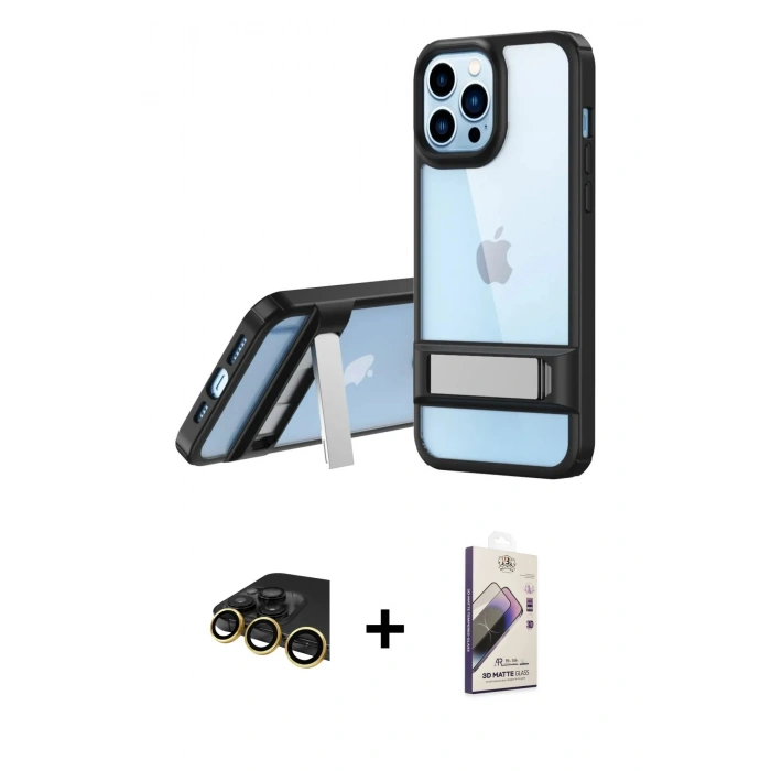 MARSİLYAN™- iPhone 13 Pro Max Kılıf Yadigar Yansıma - Siyah Bilvis 3D Mat Cam Ekran Koruyucu + Raze Metal Kamera Lens - GD