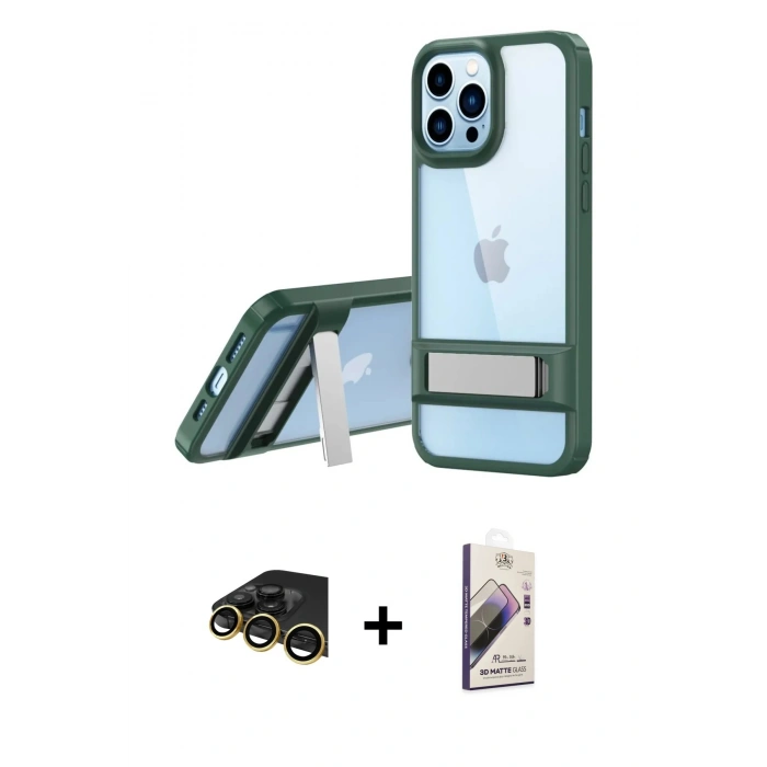 MARSİLYAN™- iPhone 13 Pro Max Kılıf Yadigar Yansıma - Siyah Bilvis 3D Mat Cam Ekran Koruyucu + Raze Metal Kamera Lens - GD