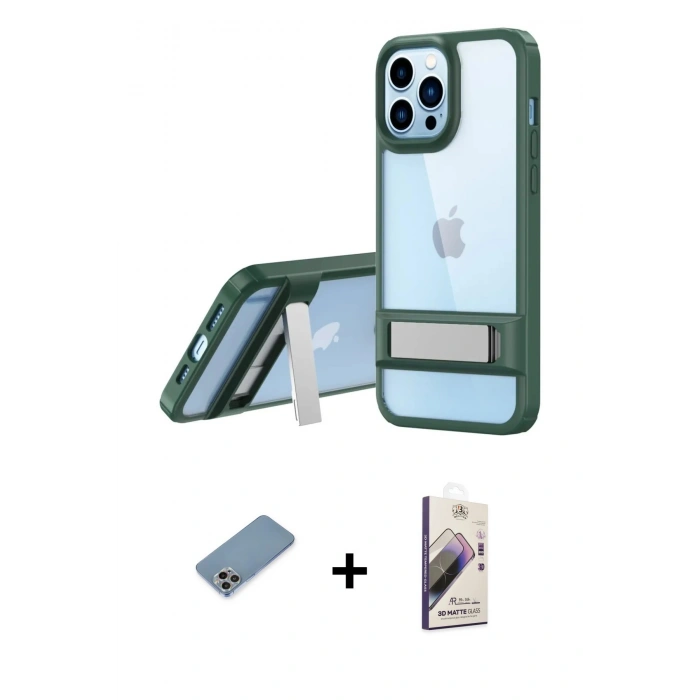 MARSİLYAN™- iPhone 13 Pro Max Kılıf Yadigar Yansıma - Siyah Bilvis 3D Mat Cam Ekran Koruyucu + Shine Kamera Lens Koruma Cam - GI