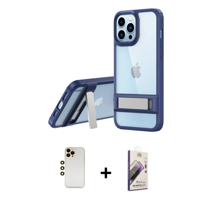 MARSİLYAN™- iPhone 13 Pro Max Kılıf Yadigar Yansıma - Siyah Bilvis 3D Mat Cam Ekran Koruyucu + Shine Kamera Lens - GD
