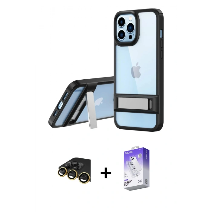 MARSİLYAN™- iPhone 13 Pro Max Kılıf Yadigar Yansıma - Siyah Bilvis 5in1 3D Magic Cam Ekran Koruyucu + Raze Metal Kamera Lens - GD