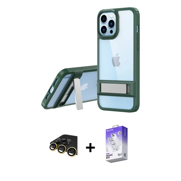 MARSİLYAN™- iPhone 13 Pro Max Kılıf Yadigar Yansıma - Siyah Bilvis 5in1 3D Magic Cam Ekran Koruyucu + Raze Metal Kamera Lens - GD