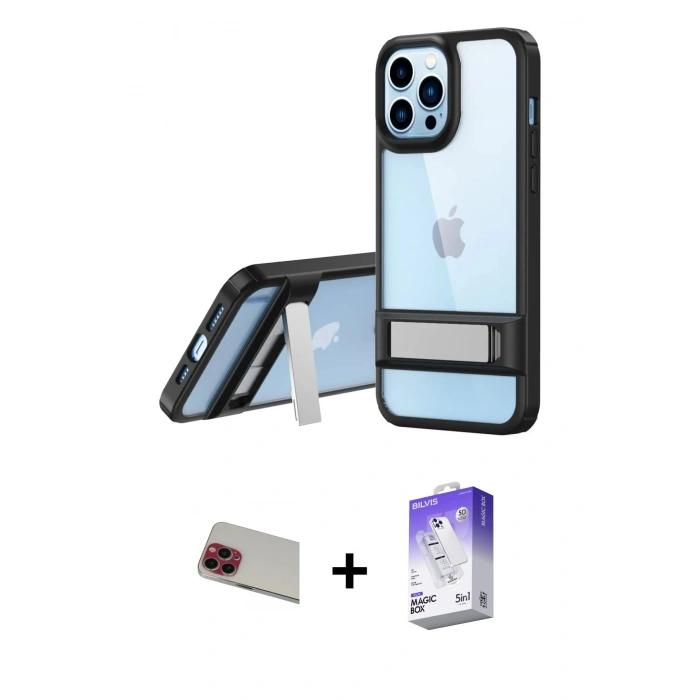 MARSİLYAN™- iPhone 13 Pro Max Kılıf Yadigar Yansıma - Siyah Bilvis 5in1 3D Magic Cam Ekran Koruyucu + Rainbow Kamera Lens Koruma Cam - KI