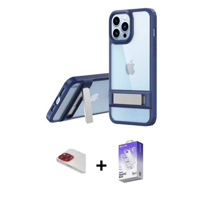 MARSİLYAN™- iPhone 13 Pro Max Kılıf Yadigar Yansıma - Siyah Bilvis 5in1 3D Magic Cam Ekran Koruyucu + Kırmızı Pers Alüminyum Kamera Lens