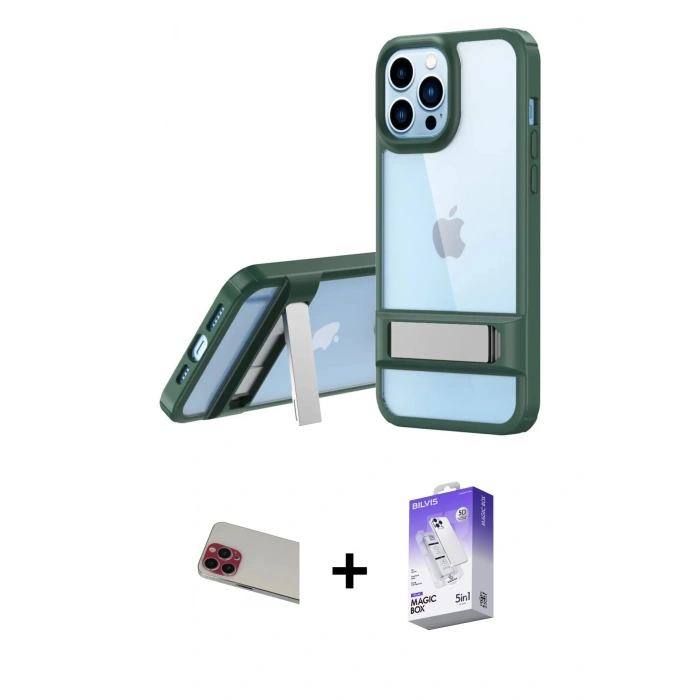 MARSİLYAN™- iPhone 13 Pro Max Kılıf Yadigar Yansıma - Siyah Bilvis 5in1 3D Magic Cam Ekran Koruyucu + Rainbow Kamera Lens Koruma Cam - KI