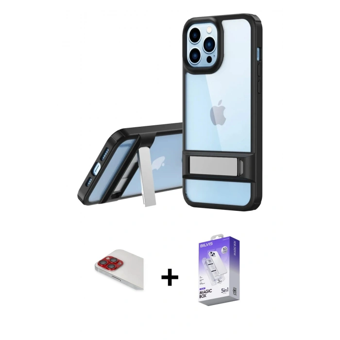 MARSİLYAN™- iPhone 13 Pro Max Kılıf Yadigar Yansıma - Siyah Bilvis 5in1 3D Magic Cam Ekran Koruyucu + Kırmızı Pers Alüminyum Kamera Lens