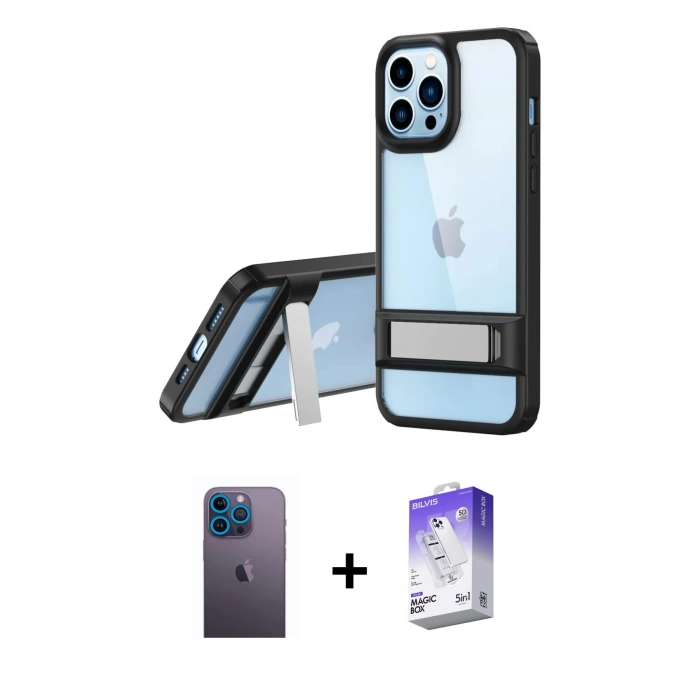 MARSİLYAN™- iPhone 13 Pro Max Kılıf Yadigar Yansıma - Siyah Bilvis 5in1 3D Magic Cam Ekran Koruyucu + Neon Fosforlu Kamera Lens - MI