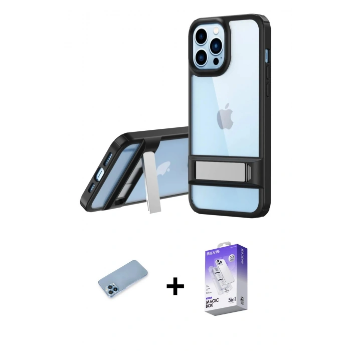 MARSİLYAN™- iPhone 13 Pro Max Kılıf Yadigar Yansıma - Siyah Bilvis 5in1 3D Magic Cam Ekran Koruyucu + Mavi Shine Kamera Lens Koruma Cam