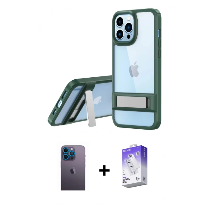 MARSİLYAN™- iPhone 13 Pro Max Kılıf Yadigar Yansıma - Siyah Bilvis 5in1 3D Magic Cam Ekran Koruyucu + Neon Fosforlu Kamera Lens - MI