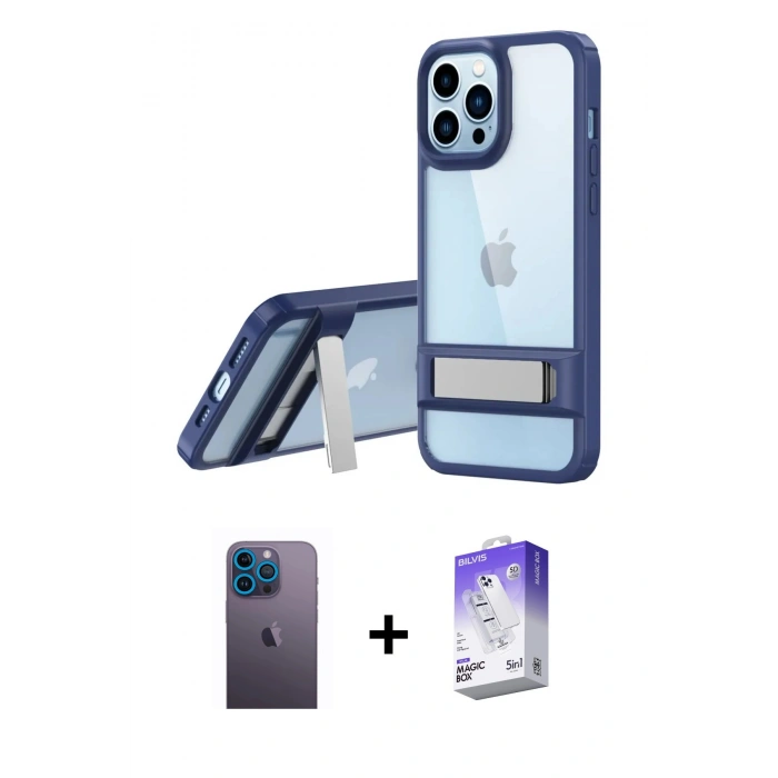 MARSİLYAN™- iPhone 13 Pro Max Kılıf Yadigar Yansıma - Siyah Bilvis 5in1 3D Magic Cam Ekran Koruyucu + Neon Fosforlu Kamera Lens - MI