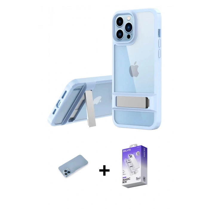 MARSİLYAN™- iPhone 13 Pro Max Kılıf Yadigar Yansıma - Siyah Bilvis 5in1 3D Magic Cam Ekran Koruyucu + Mavi Shine Kamera Lens Koruma Cam