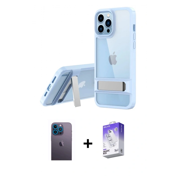 MARSİLYAN™- iPhone 13 Pro Max Kılıf Yadigar Yansıma - Siyah Bilvis 5in1 3D Magic Cam Ekran Koruyucu + Neon Fosforlu Kamera Lens - MI