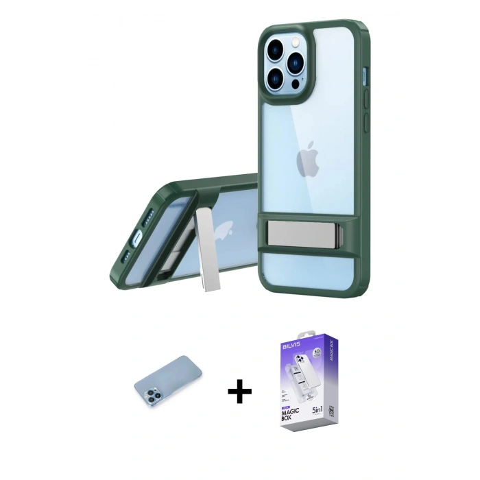 MARSİLYAN™- iPhone 13 Pro Max Kılıf Yadigar Yansıma - Siyah Bilvis 5in1 3D Magic Cam Ekran Koruyucu + Mavi Shine Kamera Lens Koruma Cam