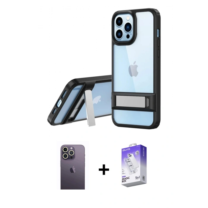 MARSİLYAN™- iPhone 13 Pro Max Kılıf Yadigar Yansıma - Siyah Bilvis 5in1 3D Magic Cam Ekran Koruyucu + Neon Fosforlu Kamera Lens - BZ