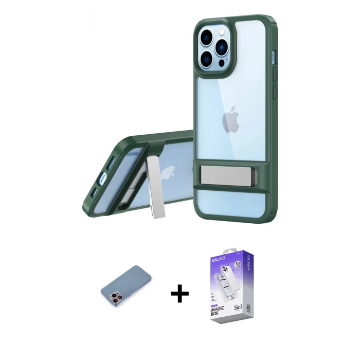 MARSİLYAN™- iPhone 13 Pro Max Kılıf Yadigar Yansıma - Siyah Bilvis 5in1 3D Magic Cam Ekran Koruyucu + Pembe Shine Kamera Lens Koruma Cam