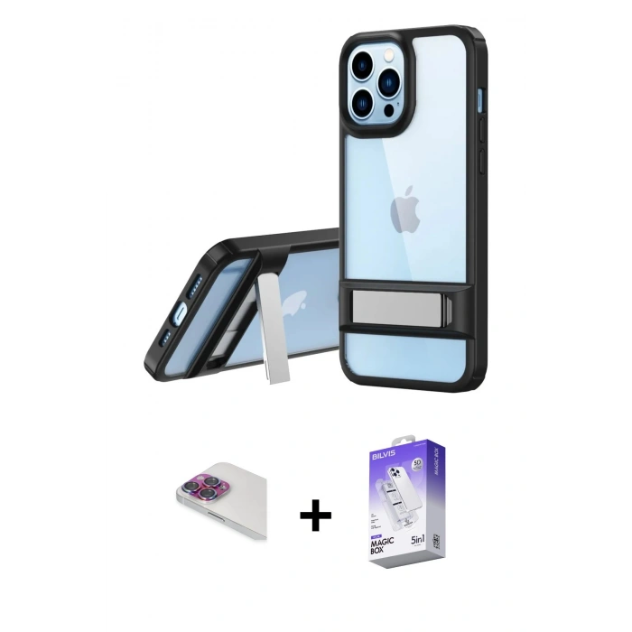 MARSİLYAN™- iPhone 13 Pro Max Kılıf Yadigar Yansıma - Siyah Bilvis 5in1 3D Magic Cam Ekran Koruyucu + Pers Alüminyum Kamera Lens - GI