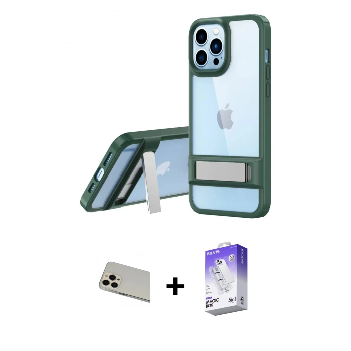 MARSİLYAN™- iPhone 13 Pro Max Kılıf Yadigar Yansıma - Siyah Bilvis 5in1 3D Magic Cam Ekran Koruyucu + Rainbow Kamera Lens Koruma Cam - REGD