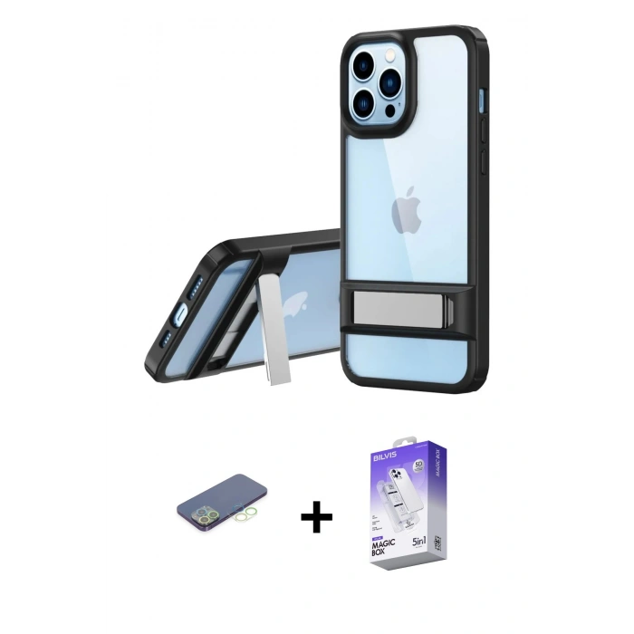 MARSİLYAN™- iPhone 13 Pro Max Kılıf Yadigar Yansıma - Siyah Bilvis 5in1 3D Magic Cam Ekran Koruyucu + Renkli Kamera Lens Koruma Cam - YL