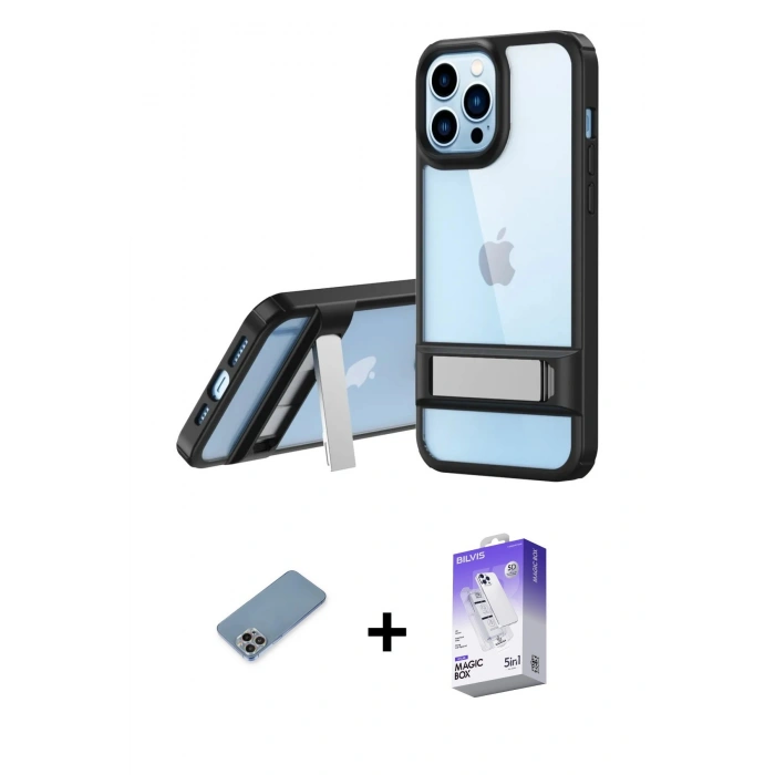 MARSİLYAN™- iPhone 13 Pro Max Kılıf Yadigar Yansıma - Siyah Bilvis 5in1 3D Magic Cam Ekran Koruyucu + Shine Kamera Lens Koruma Cam - GI