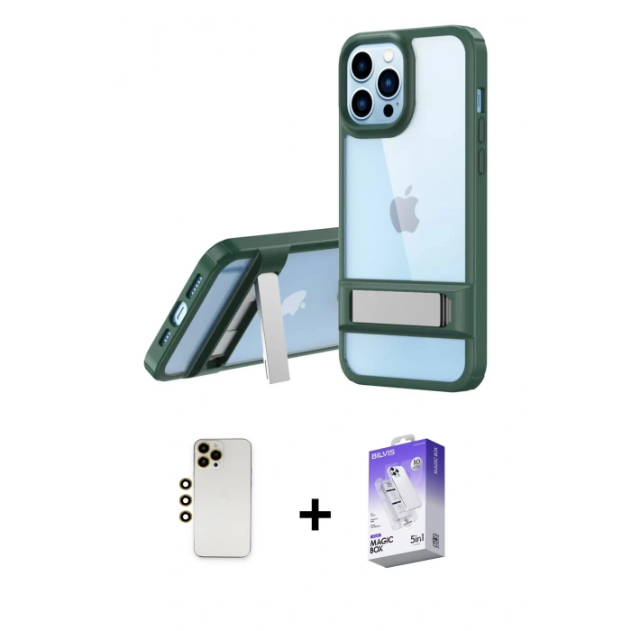 MARSİLYAN™- iPhone 13 Pro Max Kılıf Yadigar Yansıma - Siyah Bilvis 5in1 3D Magic Cam Ekran Koruyucu + Shine Kamera Lens - GD
