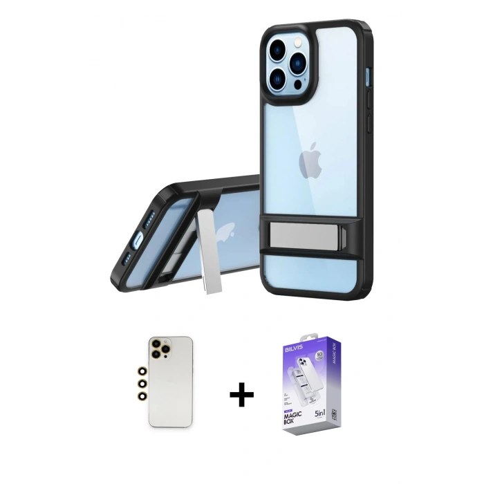 MARSİLYAN™- iPhone 13 Pro Max Kılıf Yadigar Yansıma - Siyah Bilvis 5in1 3D Magic Cam Ekran Koruyucu + Shine Kamera Lens - GD
