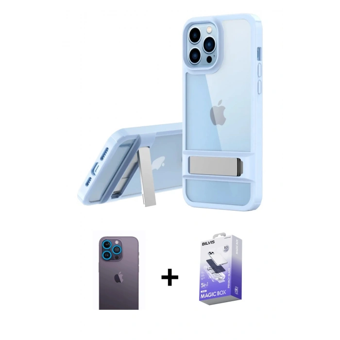 MARSİLYAN™- iPhone 13 Pro Max Kılıf Yadigar Yansıma - Siyah Bilvis 5in1 5D Magic Hayalet Cam Ekran Koruyucu + Neon Fosforlu Kamera Lens - MI