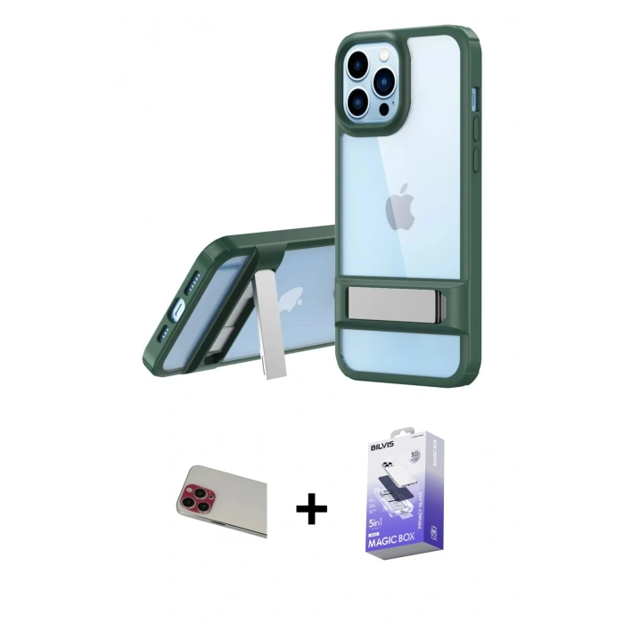 MARSİLYAN™- iPhone 13 Pro Max Kılıf Yadigar Yansıma - Siyah Bilvis 5in1 5D Magic Hayalet Cam Ekran Koruyucu + Rainbow Kamera Lens Koruma Cam - KI