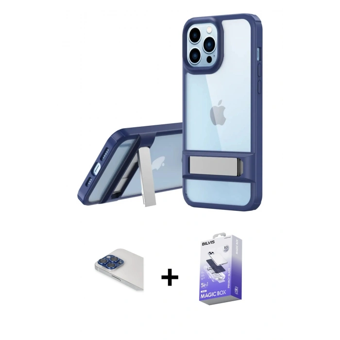 MARSİLYAN™- iPhone 13 Pro Max Kılıf Yadigar Yansıma - Siyah Bilvis 5in1 5D Magic Hayalet Cam Ekran Koruyucu + Pers Alüminyum Kamera Lens - LT