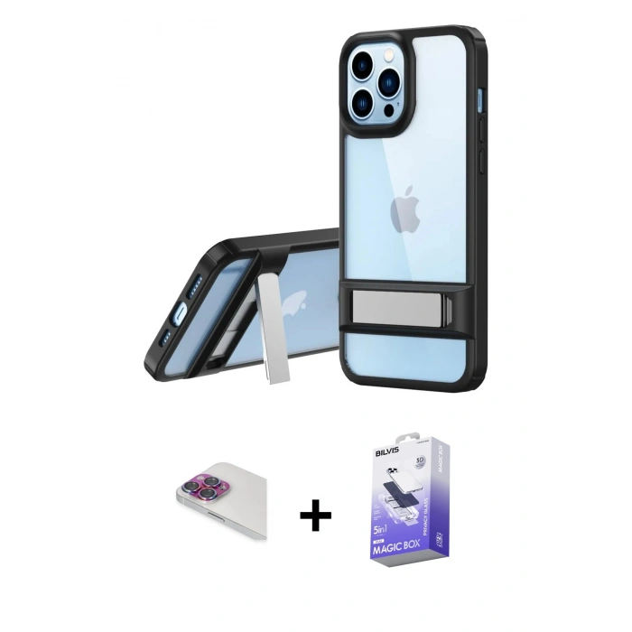 MARSİLYAN™- iPhone 13 Pro Max Kılıf Yadigar Yansıma - Siyah Bilvis 5in1 5D Magic Hayalet Cam Ekran Koruyucu + Pers Alüminyum Kamera Lens - GI