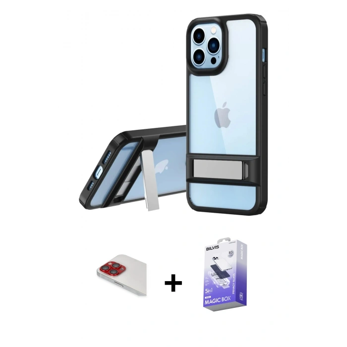 MARSİLYAN™- iPhone 13 Pro Max Kılıf Yadigar Yansıma - Siyah Bilvis 5in1 5D Magic Hayalet Cam Ekran Koruyucu + Pers Alüminyum Kamera Lens - KI