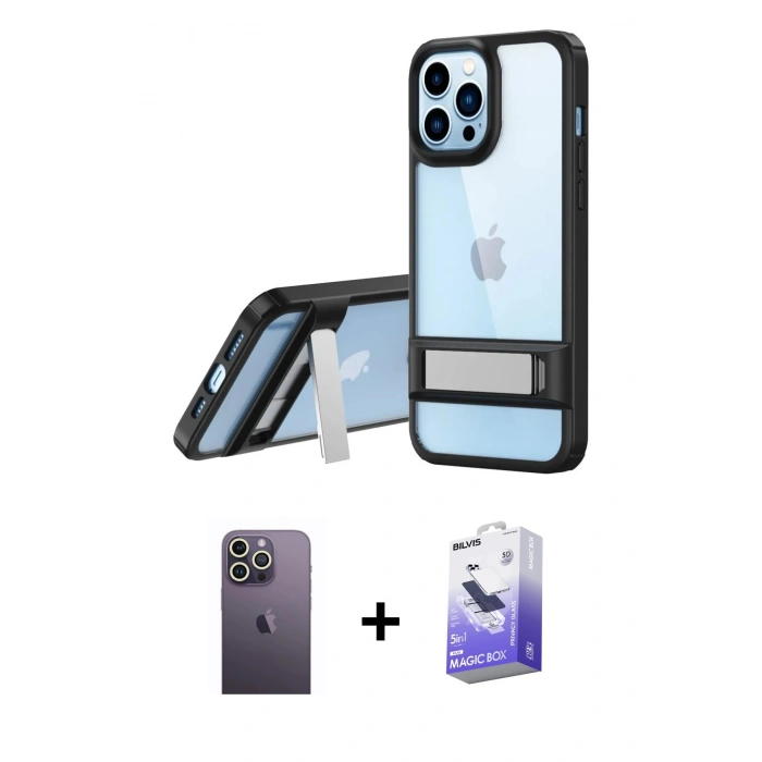 MARSİLYAN™- iPhone 13 Pro Max Kılıf Yadigar Yansıma - Siyah Bilvis 5in1 5D Magic Hayalet Cam Ekran Koruyucu + Neon Fosforlu Kamera Lens - BZ