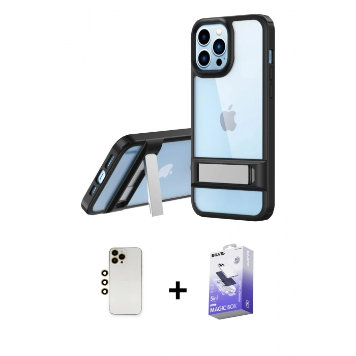MARSİLYAN™- iPhone 13 Pro Max Kılıf Yadigar Yansıma - Siyah Bilvis 5in1 5D Magic Hayalet Cam Ekran Koruyucu + Shine Kamera Lens - GD