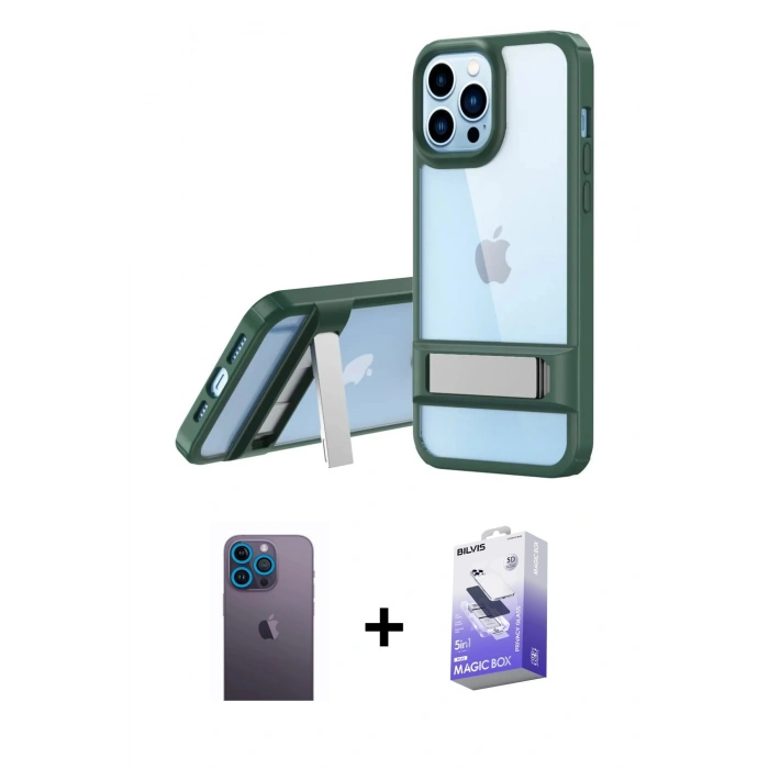 MARSİLYAN™- iPhone 13 Pro Max Kılıf Yadigar Yansıma - Siyah Bilvis 5in1 5D Magic Hayalet Cam Ekran Koruyucu + Neon Fosforlu Kamera Lens - MI