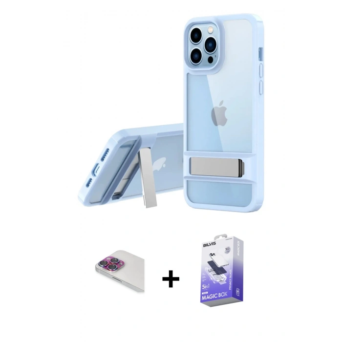 MARSİLYAN™- iPhone 13 Pro Max Kılıf Yadigar Yansıma - Siyah Bilvis 5in1 5D Magic Hayalet Cam Ekran Koruyucu + Pers Alüminyum Kamera Lens - GI