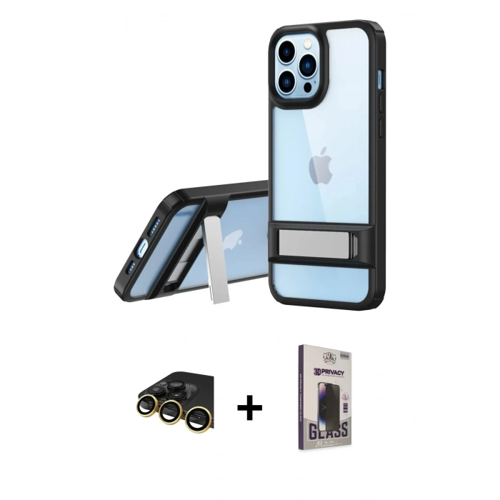 MARSİLYAN™- iPhone 13 Pro Max Kılıf Yadigar Yansıma - Siyah Bilvis Hayalet Cam Ekran Koruyucu + Raze Metal Kamera Lens - GD