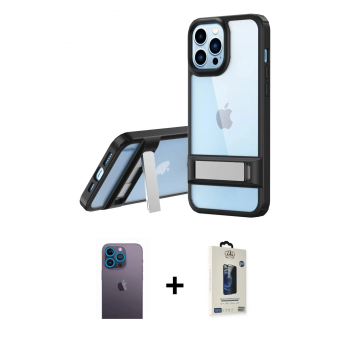 MARSİLYAN™- iPhone 13 Pro Max Kılıf Yadigar Yansıma - Siyah Bilvis Hayalet Cam Ekran Koruyucu + Neon Fosforlu Kamera Lens - MI