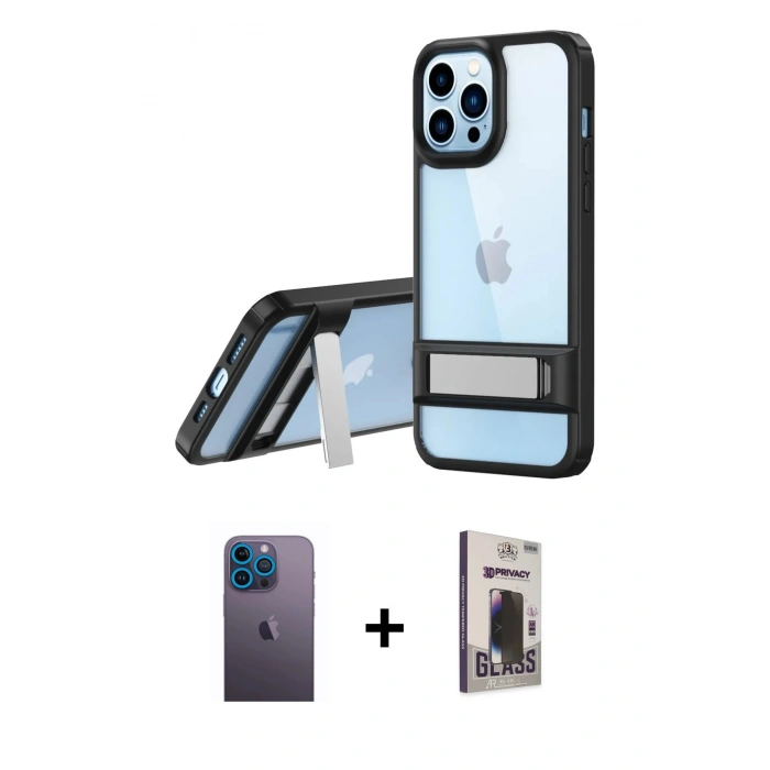 MARSİLYAN™- iPhone 13 Pro Max Kılıf Yadigar Yansıma - Siyah Bilvis Hayalet Cam Ekran Koruyucu + Neon Fosforlu Kamera Lens - MI